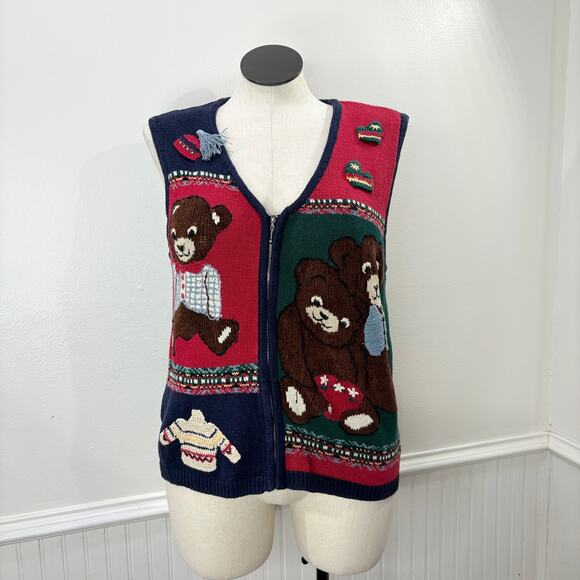 Capacity Vintage Plus Size 1X Cardigan Sweater Vest Teddy Bear Winter Christmas - Picture 16 of 16